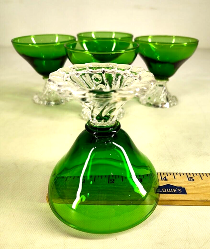 5 Vtg Anchor Hocking Pedestal Stem Green Glass Dessert Beaded 3 7/8" Tall - Picture 9 of 10