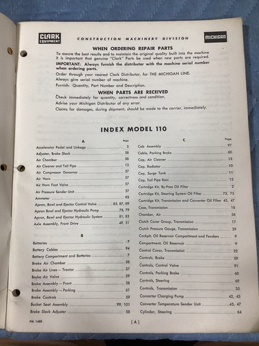 ORIGINAL CLARK MICHIGAN MODEL 110 TRACTOR SCRAPER PARTS CATALOG MANUAL - Picture 3 of 8