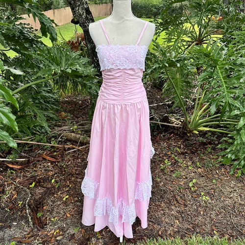 Vtg Long Dress Formal Sz 9 Union Made USA Pink Lace Southern Belle Ball Gown - Picture 2 of 10