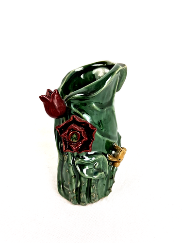 LILY PAD FROG Vase Vintage Lily Pad Vase with Frog and Flowers, Majolica Style - Picture 2 of 5
