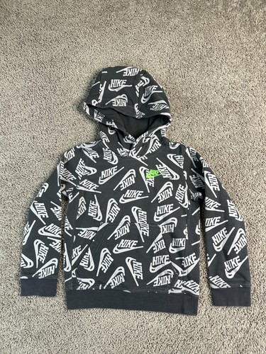 Nike Sportswear Club Fleece Hoodie Boys Extra Small Black White AOP Sweatshirt - Picture 2 of 11
