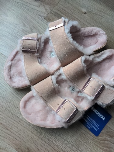 Birkenstock Arizona Fur Shearling Suede Sandals EU 39 Women 8-8.5 Nude Rose - Picture 10 of 14
