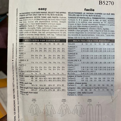 See & Sew B5270 UNCUT Sewing Pattern Tunic and Pants Size A = 8-10-12-14 - Picture 4 of 6
