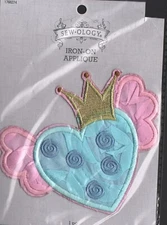 Sew-ology - Iron On Applique Patch 1768274 Blue Heart with Gold Crown Pink Wings