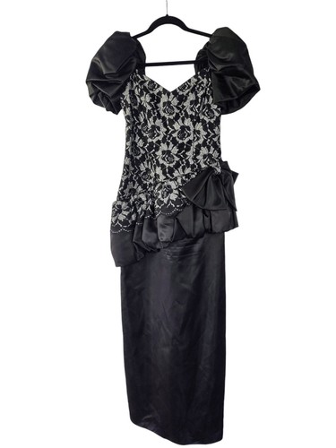 Vintage 80s Prom Bridesmaids Dress Black Silver Puff Sleeve Maxi Bow Lace XS S - Picture 2 of 10