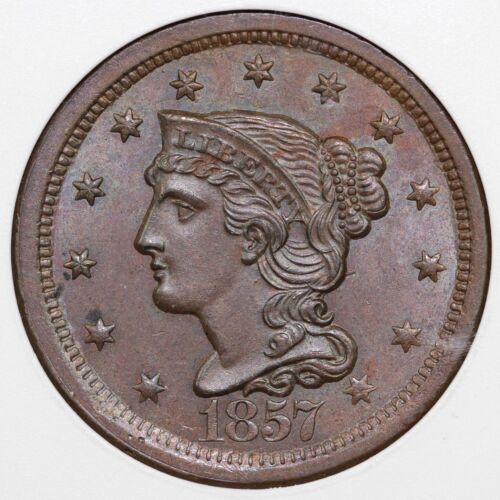 1857 1c N-1 Braided Hair Large Cent ANACS MS 64 BN  - Picture 1 of 5