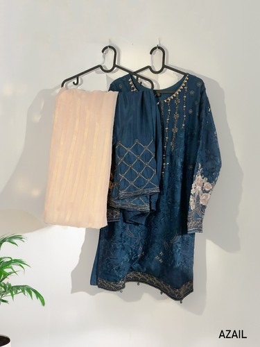 3-Piece Party Wear Kurti / Dress | Navy Blue Embroidered | Lilen Chiffon Mix - Picture 3 of 3