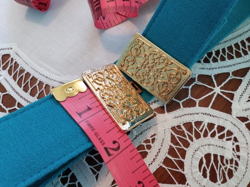 Vintage Dress Belt Gold Tone Buckle Turquoise Blue Fabric Adjustable XL - Picture 7 of 15