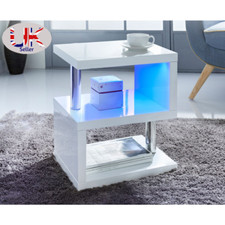 High Gloss 2 Tier Side Coffee Table With LED Light Living Room Decor White