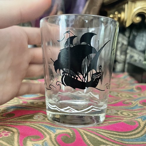 Vintage MCM Pirate Ship Small Rocks Cocktail Glass Barware Nautical Ships Waves - Picture 3 of 8