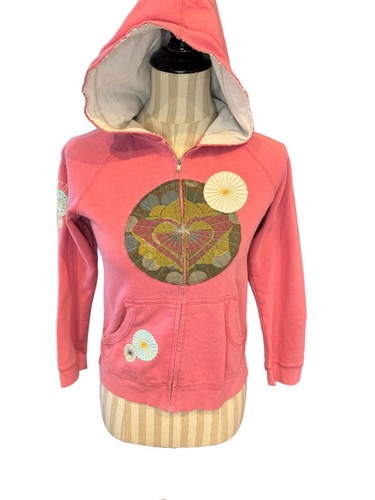 Roxy Girls Pink Vintage Embroidered Full Zip Distressed Hoodie YL/Women XS - Picture 2 of 13