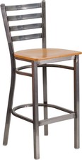 Clear Coated Ladder Back Metal Restaurant Barstool with Natural Wood Seat