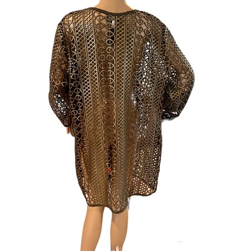 Chicos Traveler Jacket Foiled Open Lace Olive Gold Shimmer Kimono Size 3 - Picture 3 of 4