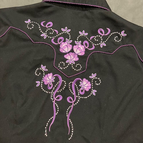VTG Panhandle Slim Women’s 2XL Floral Black Pearl Snap Embroidered Shirt Bling - Picture 7 of 12
