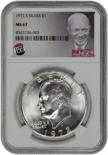1972 S $1 Silver Ike Dollar NGC MS 67 with Exclusive Label and New Holder