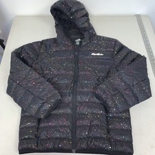 Eddie Bauer Duck Down Girls sz 14 L Black Puffer Jacket Sparkles Nice Hood