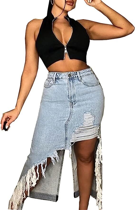 Women Irregular Ripped Long Denim Skirt Distressed Tassel
