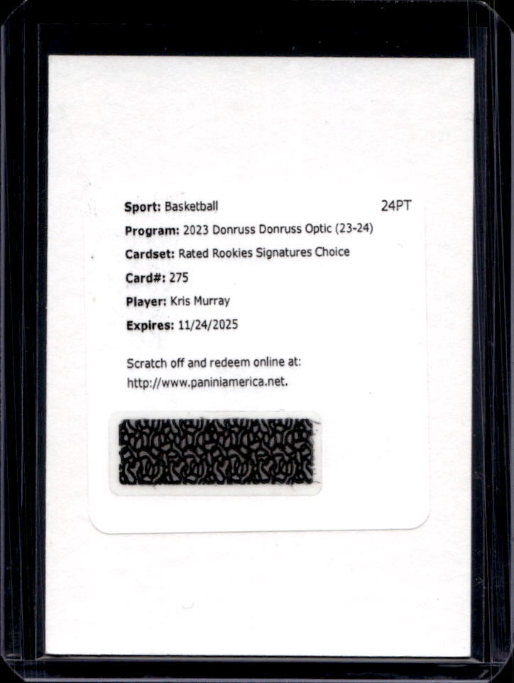 2023-24 Donruss Optic Kris Murray Rated Rookie Signatures Choice RC Auto #275