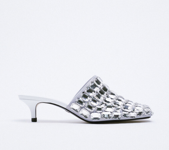 New Zara Beaded Heeled MULES Shiny Shoes Size 9 US Silver Sparkly Leather Sandal