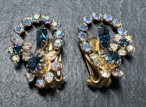 VINTAGE ÖSTERREICHISCHE STRASS & MARINEBLAUE EDELSTEINE GOLDFARBENE CLIP-OHRRINGE & ANHÄNGER H97 - Bild 12 von 17