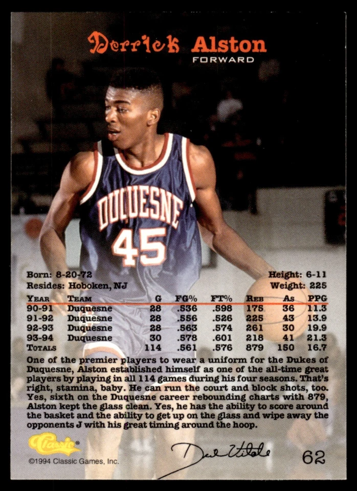 1994-95 Classic Draft #62 Derrick Alston Duquesne Dukes - Image 2 of 2