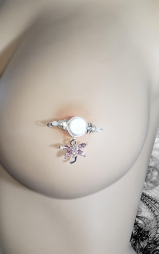 PAIR Fake Barbell-NON PIERCING nipple jewelry -Pink Glass Dragonfly- Handmade - Picture 3 of 5