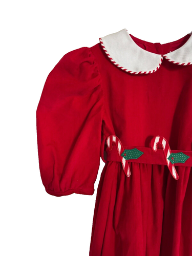 Vestido de Navidad vintage para niñas bastones de caramelo de pana roja, mangas abullonadas talla 5 - Imagen 3 de 7