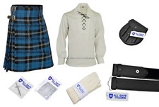 Men Scottish 9 Pieces 8 Yards Kilt Outfit with Sporran, Blue Ramsay Tartan
