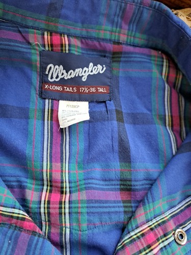 Vintage Wrangler X Long Tail 17,5-36 Tall Western Colorful Plaid Pearl Snap Blue - Bild 2 von 6