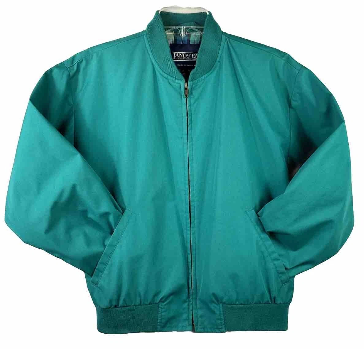 Vintage 80s Lands’ End Poplin Bomber Jacket Golf Teal Green Plaid Lined Medium
