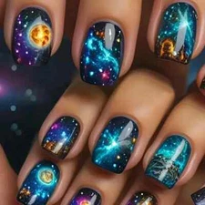 24pcs Short Square Press-On Nails Set, Blue Gradient Starry Pattern, Glossy