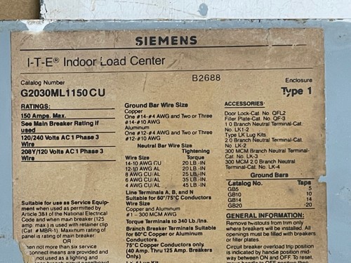 Siemens/ITE G2030ML1150/CU 150Amp 120/240V 1 Phase Fuse Panel Cover Door - Picture 3 of 11