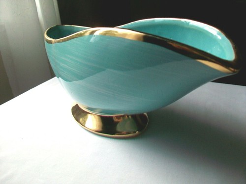 MCCOY POTTERY HARMONY PEDESTAL MACETA TURQUESA AGUA AGUA ORO ADORNO 12" MCM - Imagen 6 de 12