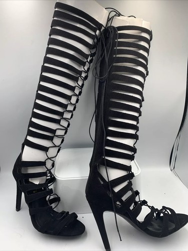 Schuh Black Lace Up Cut Out Boots. Knee High. Gladiator Style. Stiletto. Uk 4 - Picture 12 of 12