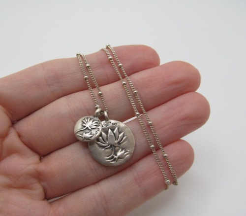925 Sterling Silver Satya Solid Double Flower Round Charm Ball Chain Necklace - Picture 6 of 7