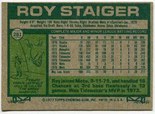 1977 Topps #281 Roy Staiger New York Mets - Picture 2 of 2