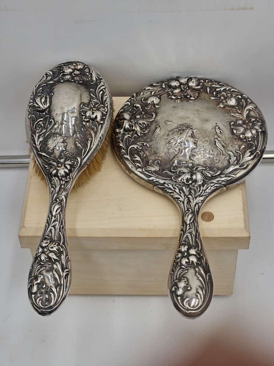 1900年頃 米国アンティーク 純銀アール・ヌーヴォー装飾 ヘアブラシ＆ハンドミラー Foster&Bailey Antique C.1901 Foster & Bailey Sterling Silver Hand Mirror