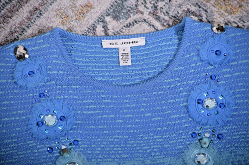 ST.JOHN Women's Blue Teal Yellow Green Studs Rhinestone Top & Skirt Sz 4-6 - Picture 5 of 8