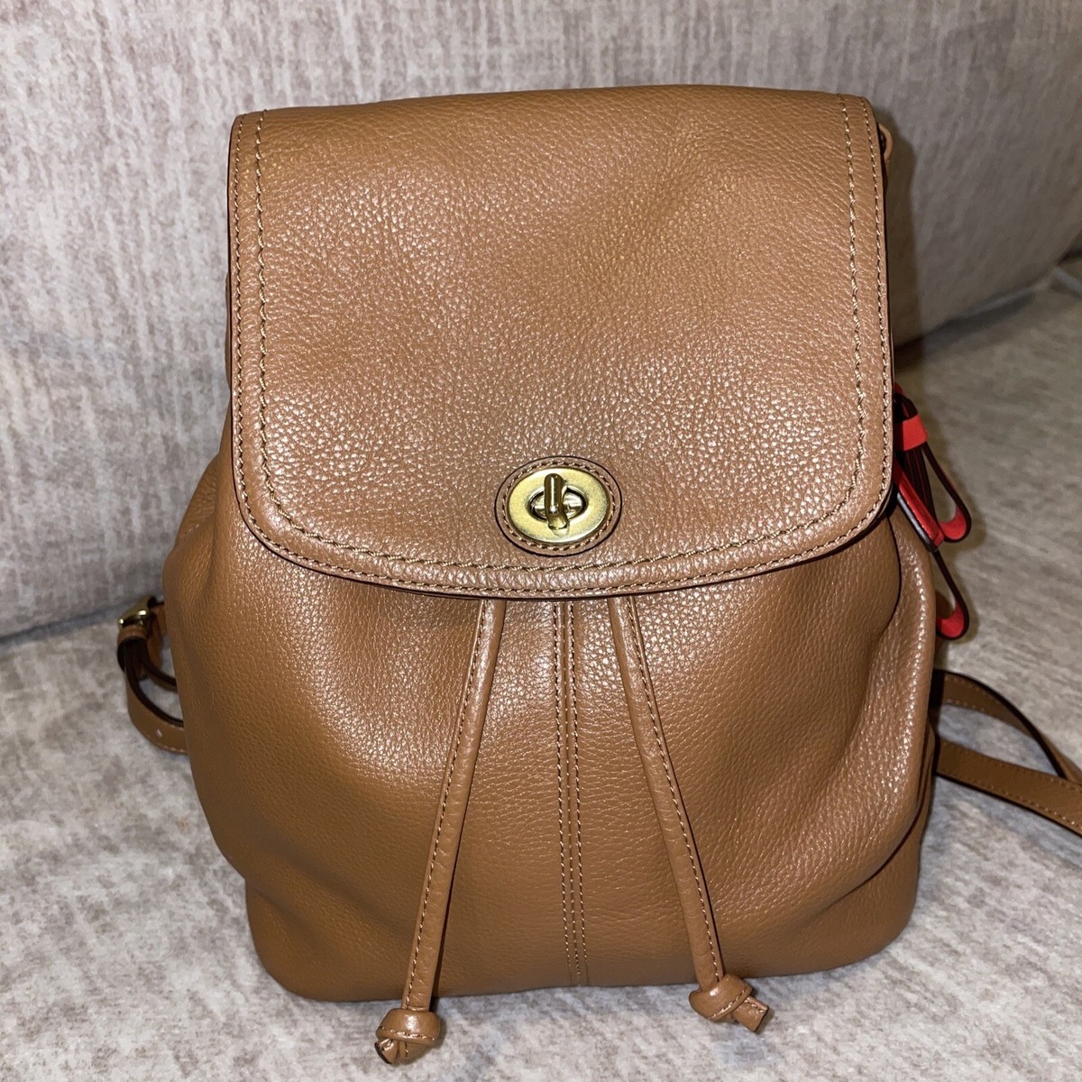 Coach D1373 F24385 Brown Pebbled Leather Drawstring Backpack Bag Purse