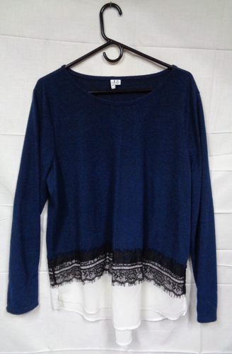 Women's ELLE Long Sleeve Blue & White Pullover Shirt - Black Lace Fringe ~ XXL - Picture 1 of 8