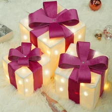 Set of 3 Lighted Gift Boxes, Plug-In 60 LED Light up Pink Present Boxes for Chri