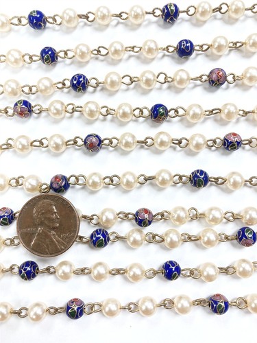 Cadena rosario de latón con cuentas cloisonné azul perla de Hong Kong vintage de 3 pies años 690 - Imagen 3 de 4