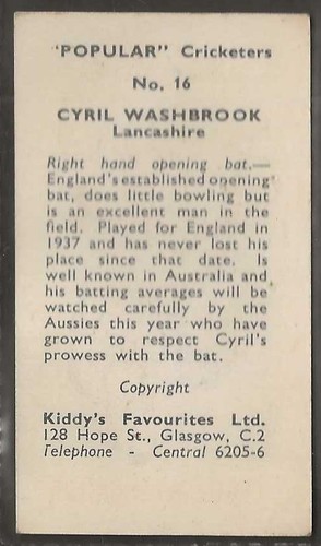 KIDDYS FAVORITEN - BELIEBTE CRICKETSPIELER 1948 - #16 - LANCASHIRE - WASHBROOK  - Bild 2 von 2