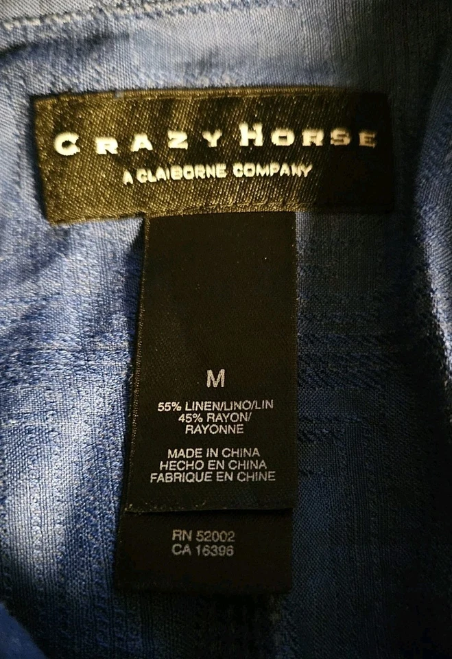 Linen Rayon Hawaiian Button Up Shirt M Blue Geometric Crazy Horse - Image 4 of 4