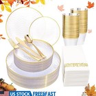 Disposable Gold Plastic Plates Set Hammered Dinnerware 25 Party Events New