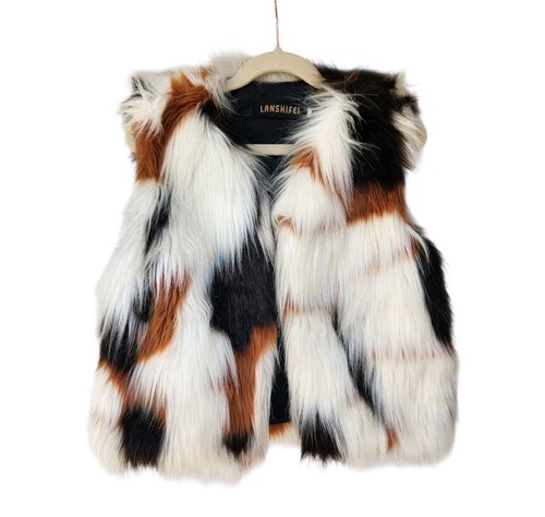 Lanshifei Girls Faux Fur Vest Multicolor Fuzzy Patchwork Outerwear Sz 7–9 Years  - Picture 1 of 18