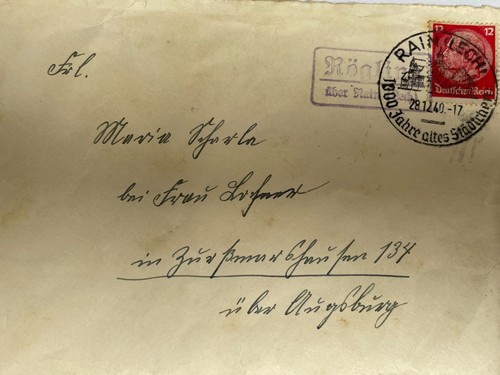 Briefumschlag 1940 - Stempel Rain am Lech mit Hilfsstempel Rögling über Rain ...