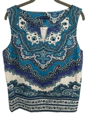 Talbots RSVP Top Womens 14P Blue Floral Stretch Slit Neck Cruise Wear Vacation