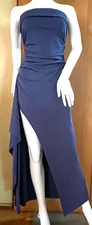 WOMEN'S NAVY BLUE RUCHED SIDE SLIT STRETCHY STRAPLESS LONG MAXI DRESS - M