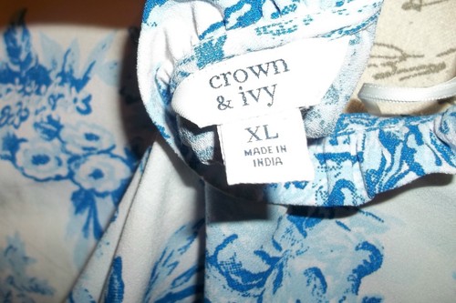 Crown & Ivy Damen XL weiß blau Toile Bluse Quaste Bindeband Oberteil Knopf Bluse - Bild 3 von 3